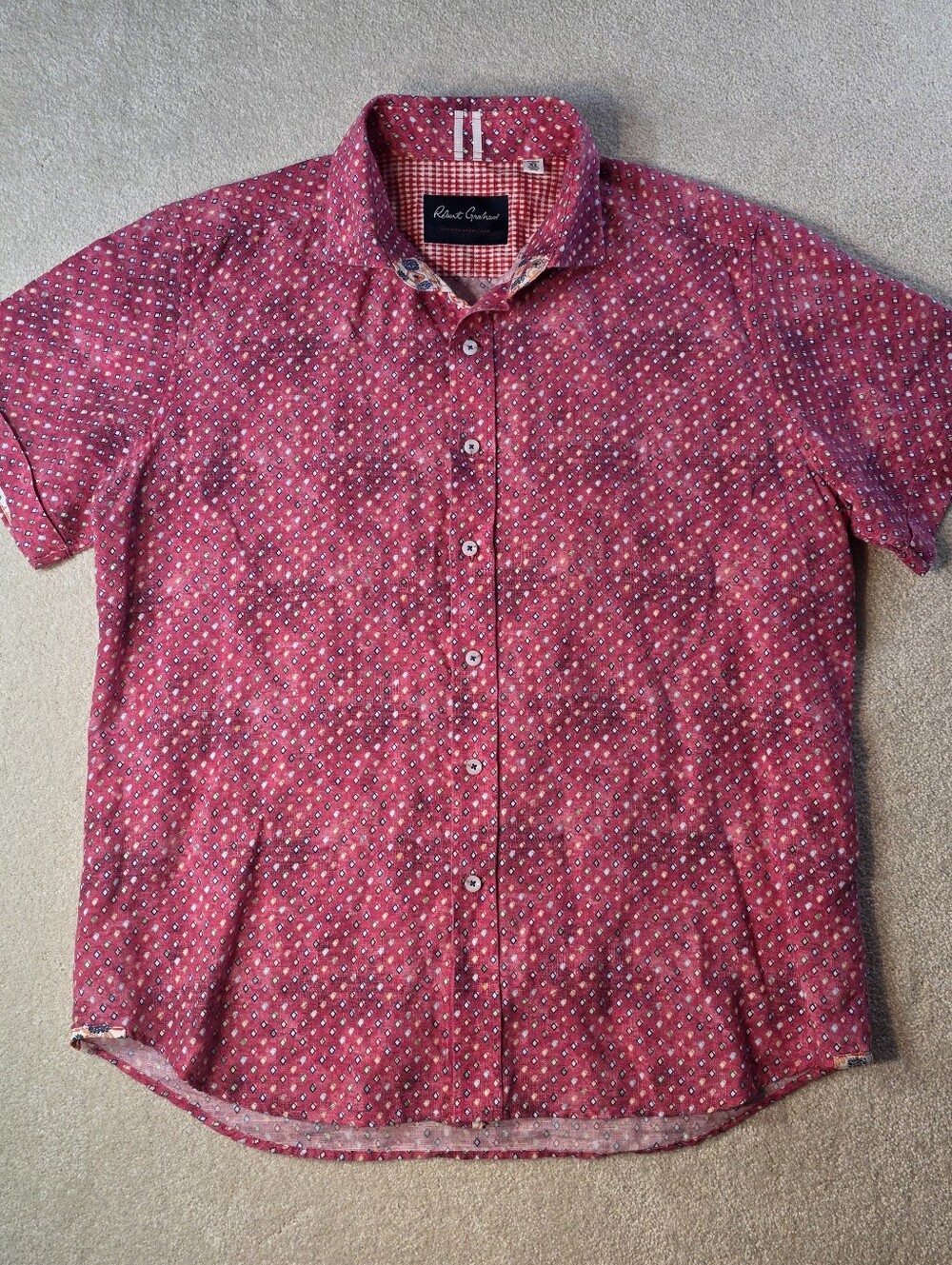 Robert Graham Modern Americana Red Linen Button Up Short Sleeve Mens XL